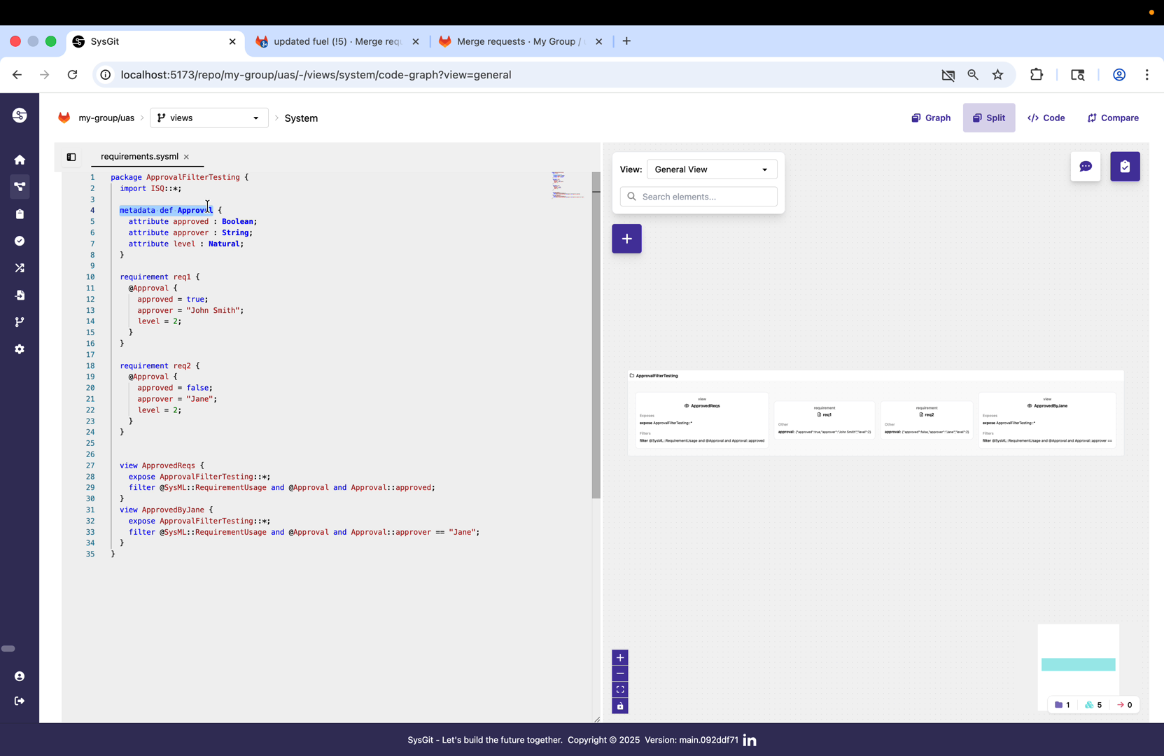 Requirements with metadata annotations showing approval status
